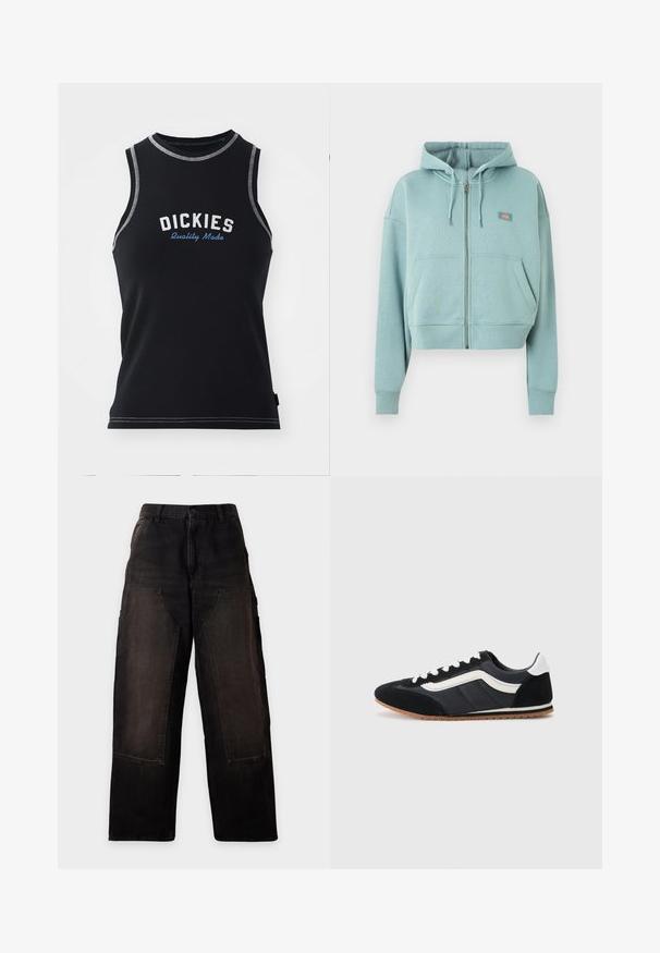 Lichtblauwe hoodie met rits, voorzakken, capuchon met trekkoord en een klein rechthoekig logo op de borst.; Zwarte mouwloze tanktop met grijze stiksels. Voorzien van het "DICKIES" logo in wit en blauw. Gemaakt van een gladde, rekbare stof.; Zwarte wijde broek met grote opgestikte voorzakken en riemlussen, getoond op een lichte, effen achtergrond.; Zwarte sportieve schoen met een bovenkant van suède en textiel, witte accenten, zes veterogen en een rubberen zool. Slanke vorm met een lage profiel.