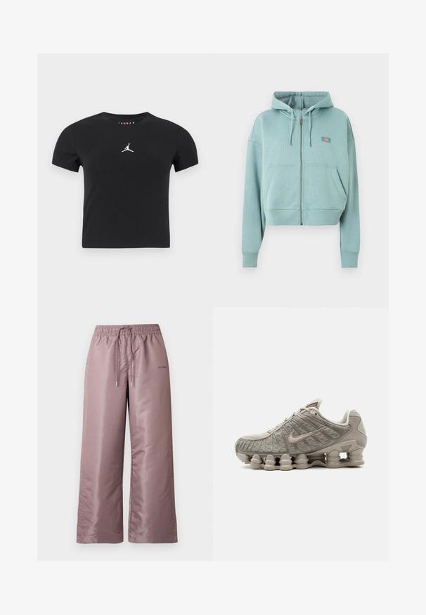 Sweat à capuche zippé bleu clair avec poches avant, capuche à cordon et petite écusson logo rectangulaire sur la poitrine.; T-shirt cropped à manches courtes noir avec le logo Jumpman blanc centré sur la poitrine, sur un fond uni.; Pantalon ample rose clair en nylon lisse. Doté d'une taille élastique avec cordon de serrage et portant un logo sur le côté.; Baskets Nike Shox beige clair avec semelle amortissante visible en forme de colonne et détails en mesh sur la tige.
