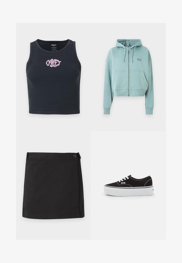 Svetlomodrá mikina na zips s vreckami vpredu, kapucňou so šnúrkami a malou obdĺžnikovou nášivkou s logom na hrudi.; Čierny rebrovaný crop top vyrobený z bavlny s okrúhlym výstrihom a vyšívaným ružovým logom "OBEY" naprieč priehlavkom.; Čierna bavlnená mini sukňa s bočným zapínaním na gombíky a rovným lemom, zobrazená položene na bielom pozadí.; Čierne plátenné tenisky s bielou gumovou platformou, s bielymi šnúrkami a stehmi, ikonickým logom na boku, nízkoprofilový dizajn.