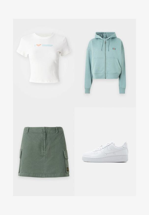 Svetlomodrá mikina na zips s vreckami vpredu, kapucňou so šnúrkami a malou obdĺžnikovou nášivkou s logom na hrudi.; Biele crop tričko z bavlny s oranžovým srdcovým symbolom a svetlomodrým nápisom "SURF" na prednej strane. Krátke rukávy, okrúhly výstrih.; Zelená riflová sukňa s priliehavým pásom, dvoma bočnými vreckami a nášivkou na dolnom pravom rohu. Hladká textura s jemným leskom.; Biela nízka teniska Nike Air Force 1 so šnurovaním, perforovanou špičkou a charakteristickým logom Swoosh na boku.