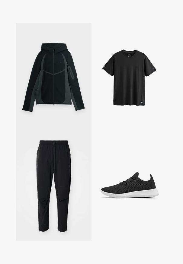 Schwarzer und dunkelgrauer Hoodie mit einem Reißverschluss vorne, großer Kapuze und seitlicher Reißverschlusstasche. Verfügt über ein strukturiertes Design und kontrastierende Einsätze.; Schwarzes, kurzärmeliges Activewear-T-Shirt mit Rundhalsausschnitt, dezenten Logos an den Ärmeln und am unteren Saum, Größe M.; Schwarze, leichte outdoor Hosen mit elastischem Bund und verstellbarem Zugschnur. Ausgestattet mit Reißverschlusstaschen und tapered Bündchen.; Allbirds TREE RUNNERS - Sneaker low - jet black white sole
