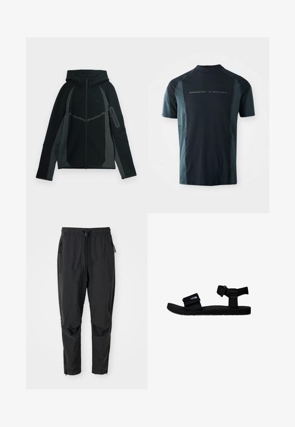 Schwarzer und dunkelgrauer Hoodie mit einem Reißverschluss vorne, großer Kapuze und seitlicher Reißverschlusstasche. Verfügt über ein strukturiertes Design und kontrastierende Einsätze.; Kurzärmliges Nike Tech-Shirt mit einem dunkelblauen Körper, hellblauen seitlichen Einsätzen und einem hohen Kragen. Logo auf der Vorderseite gedruckt.; Schwarze leichte Hose mit elastischem Bund, Kordelzug, seitlichen Reißverschlusstaschen, vorgeformten Knien und Reißverschlüssen an den Knöcheln.; Schwarze Sandalen mit verstellbaren Stoffriemen, strukturiertem Gummisohle und einem Logopatch. Entworfen für Komfort und die Nutzung im Freien.
