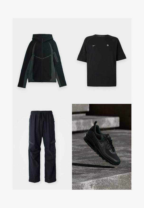 Schwarzer und dunkelgrauer Hoodie mit einem Reißverschluss vorne, großer Kapuze und seitlicher Reißverschlusstasche. Verfügt über ein strukturiertes Design und kontrastierende Einsätze.; Schwarzes Nike-Sportshirt mit kurzen Ärmeln, weißem Swoosh-Logo auf der linken Brust und kleinem quadratischem Emblem auf der rechten Brust, einfarbiger Hintergrund.; Schwarze Freizeitpants mit elastischem Bund, Kordelzug und mit Reißverschlüssen versehenen Taschen auf weißem Hintergrund.; Schwarzer Nike Air Max Sneaker schwebt in der Luft über einem strukturierten Betonboden mit Betonstufen im Hintergrund.