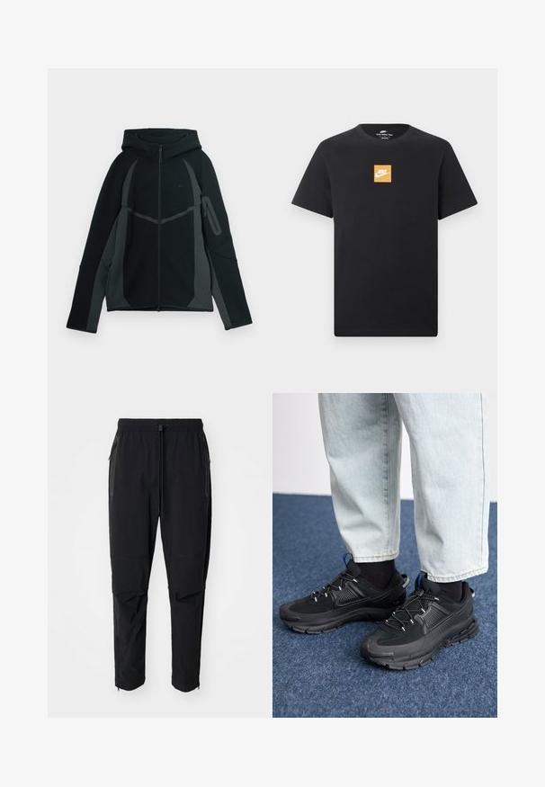 Sudadera negra y gris oscuro con cremallera frontal, gran capucha y bolsillo lateral con cremallera. Presenta un diseño estructurado y paneles en contraste.; Camiseta negra de manga corta Nike con un pequeño logo cuadrado naranja y el símbolo blanco de Nike centrado en el pecho.; Pantalones de exterior negros, ligeros, con cintura elástica y cordón ajustable. Cuenta con bolsillos con cremallera y puños ajustados.; Zapatillas deportivas negras con tejido texturizado y suelas de goma, con cordones elásticos y un acento azul en el talón. Combinadas con pantalones de mezclilla claros.