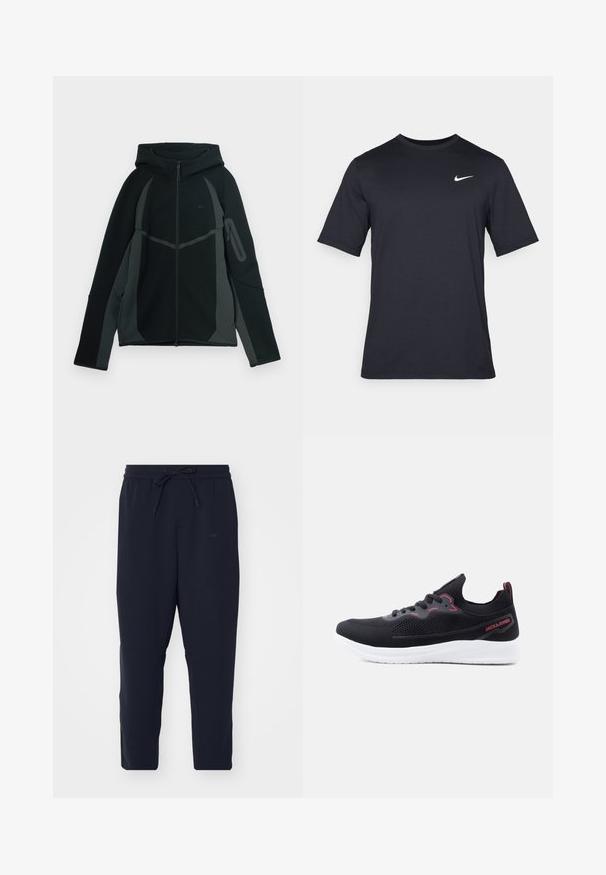 Mustat ja tummanharmaat hupparit, joissa on vetskari edessä, suuri huppu ja sivuvetoketjullinen tasku. Ominaisuuksiin kuuluu jämäkkä muotoilu ja kontrastivärit.; Mustan lyhythihainen Nike-t-paita, joka on valmistettu sileästä kankaasta ja jossa on valkoinen swoosh-logo vasemmassa yläkulmassa, pyöreä kaula-aukko.; Tumman siniset jogger-housut pehmeästä kankaasta, joissa on joustava vyötärönyöri, kapenevat lahkeet ja sivutaskut.; Musta neulottu urheilutossu, jossa on valkoinen pohja, punaiset korostukset, nauhat ja "JACK & JONES" -brändäys kantapään sivulla.