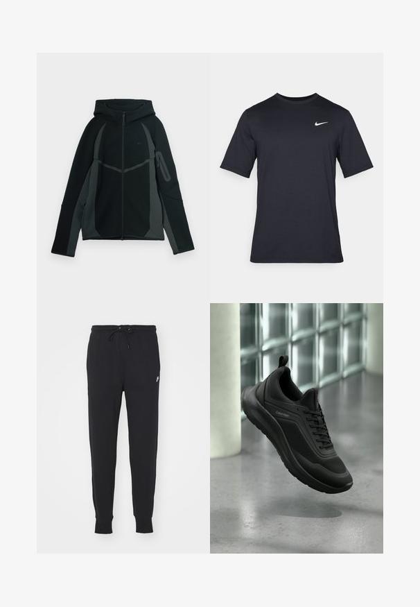 Sort og mørkegrå hættetrøje med lynlås foran, stor hætte og sidelomme med lynlås. Har et struktureret design og kontrasterende paneler.; Sort kortærmet Nike t-shirt lavet af glat stof, med et hvidt swoosh-logo på øverste venstre side, rund halsudskæring.; Sorte sweatpants lavet af bomuldsblanding, med snøre i taljen, tapered ben og et lille hvidt logo fortil.; Sort Calvin Klein-sneaker med mesh og syntetisk overdel, tyk sål og snørebånd, der svæver over et gråt gulv nær glasblokke.