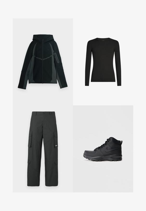 Schwarzer und dunkelgrauer Hoodie mit einem Reißverschluss vorne, großer Kapuze und seitlicher Reißverschlusstasche. Verfügt über ein strukturiertes Design und kontrastierende Einsätze.; Schwarzes, langärmeliges, figurbetontes T-Shirt mit Rundhalsausschnitt und dezentem Icebreaker-Logo auf dem linken Ärmel, dargestellt vor weißem Hintergrund.; Schwarze gerade Cargo-Hosen mit seitlichen Klappentaschen, Druckknopfverschluss, Gürtelschlaufen und kleinem weißen Logo auf der Klappentasche rechts.; Schwarze High-Top-Sneaker mit einem glatten synthetischen Obermaterial, runder Zehenpartie, gepolstertem Schaft und strukturiertem Gummisohle. Verfügt über ein Schnürdesign und ein Logo-Element.