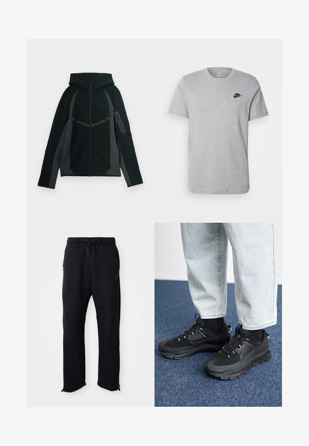 Sort og mørkegrå hættetrøje med lynlås foran, stor hætte og sidelomme med lynlås. Har et struktureret design og kontrasterende paneler.; Grå kortærmet T-shirt i bomuld med et sort Nike-logo på brystet og rund halsudskæring. Minimalistisk design uden mønstre.; Sorte træningsbukser med elastisk linning og snoretræk, har sidelommer, smalle ben og lynlåse ved anklerne. Glat tekstur.; Sorte træningssko med tekstureret stof og gummisåler, udstyret med elastiske snørebånd og en blå detalje på hælen. Bæres med lyse denimbukser.
