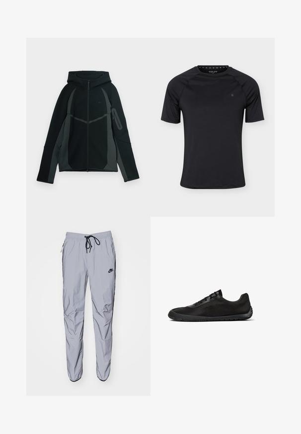 Sort og mørkegrå hættetrøje med lynlås foran, stor hætte og sidelomme med lynlås. Har et struktureret design og kontrasterende paneler.; Sort sport T-shirt med korte ærmer og rund halsudskæring med lille logo på venstre bryst, vist på ensartet lyst baggrund.; Lys grå sweatpants lavet af glat, let stof med sorte accenter. Har en elastisk talje med snoretræk og sidelommer.; Sort sneaker med lav profil, mesh-overdel, snørelukning og fleksibel gummisål vist fra siden mod hvid baggrund.