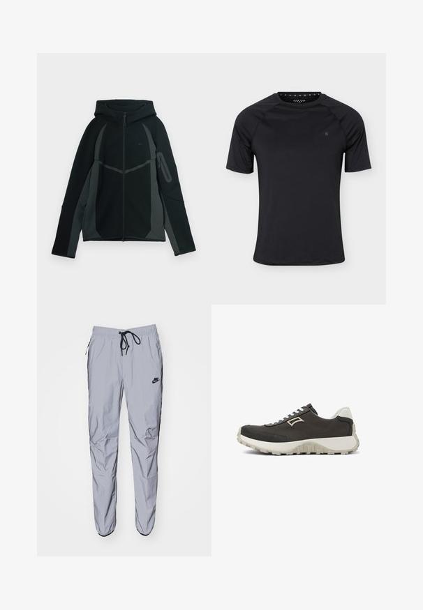 Sort og mørkegrå hættetrøje med lynlås foran, stor hætte og sidelomme med lynlås. Har et struktureret design og kontrasterende paneler.; Sort sport T-shirt med korte ærmer og rund halsudskæring med lille logo på venstre bryst, vist på ensartet lyst baggrund.; Lys grå sweatpants lavet af glat, let stof med sorte accenter. Har en elastisk talje med snoretræk og sidelommer.; Mørkegrå sneakers med en struktureret overdel, hvide accenter, en tyk sål og grå snørebånd. Har et minimalistisk logo på siden.