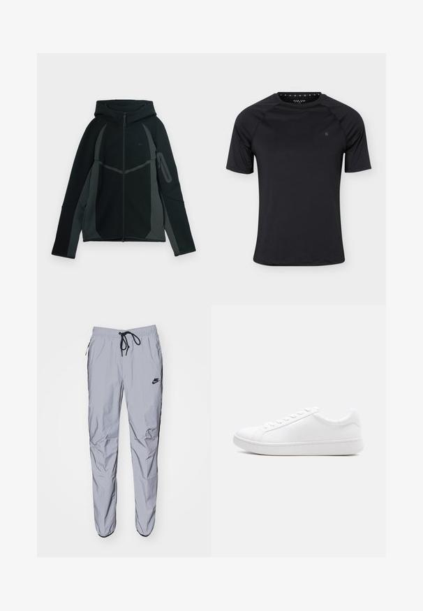 Sort og mørkegrå hættetrøje med lynlås foran, stor hætte og sidelomme med lynlås. Har et struktureret design og kontrasterende paneler.; Sort sport T-shirt med korte ærmer og rund halsudskæring med lille logo på venstre bryst, vist på ensartet lyst baggrund.; Lys grå sweatpants lavet af glat, let stof med sorte accenter. Har en elastisk talje med snoretræk og sidelommer.; Hvid lavtop-sneaker med snørelukning, glat læderoverdel og tyk gummisål vist i sideprofil mod en ensfarvet baggrund.