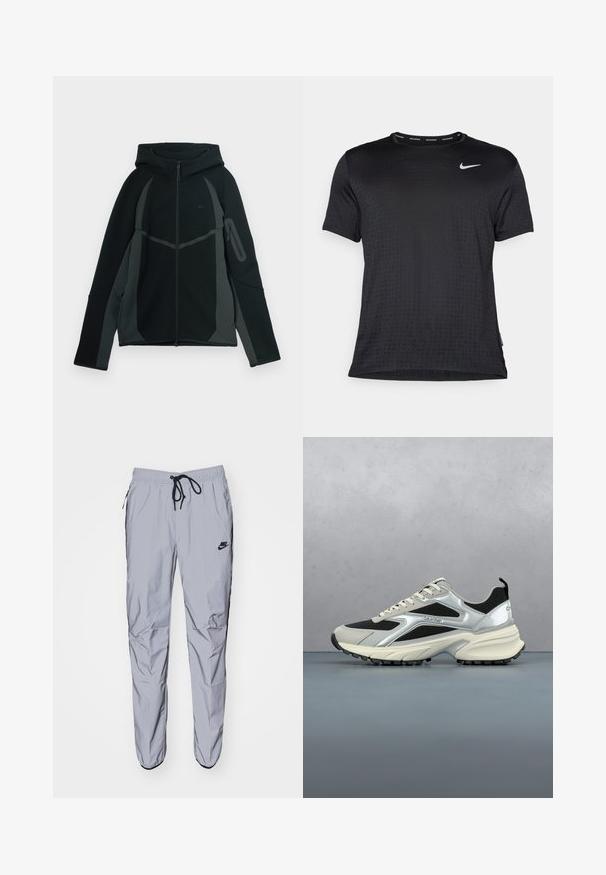 Sudadera negra y gris oscuro con cremallera frontal, gran capucha y bolsillo lateral con cremallera. Presenta un diseño estructurado y paneles en contraste.; Camiseta deportiva de manga corta negra, con cuello redondo, tejido transpirable, sutil patrón de puntos elevados y un pequeño logo blanco de Nike en el pecho.; Pantalones de chándal gris claro, hechos de una tela suave y ligera con acentos negros. Cuentan con una cintura elástica con cordón y bolsillos laterales.; Zapatilla moderna de Calvin Klein en negro y plata suspendida sobre un suelo de baldosas de madera con un fondo desenfocado al aire libre.