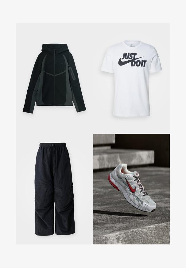 Sudadera negra y gris oscuro con cremallera frontal, gran capucha y bolsillo lateral con cremallera. Presenta un diseño estructurado y paneles en contraste.; Camiseta de algodón blanca con un prominente logo negro "Just Do It" y el swoosh de Nike. Diseño clásico de cuello redondo con mangas cortas.; Pantalones cargo negros de nylon ligero con cinturilla elástica, cordón ajustable y múltiples bolsillos en capas en las piernas.; Zapatilla de correr Nike blanca y gris con detalles rojos y cordones negros, suspendida sobre escalones de hormigón gris.