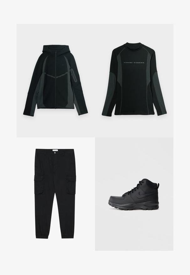 Schwarzer und dunkelgrauer Hoodie mit einem Reißverschluss vorne, großer Kapuze und seitlicher Reißverschlusstasche. Verfügt über ein strukturiertes Design und kontrastierende Einsätze.; Schwarzes langärmliges Shirt mit hohem Kragen, aus strukturiertem Stoff. Hat graue Seitenpanels und das "NIKE TECH"-Logo auf der Brust.; Schwarze Cargo-Hose mit geradem Bein, elastischen Bündchen und mehreren Seitentaschen. Hergestellt aus strukturiertem Stoff mit einem Knopfverschluss.; Schwarze High-Top-Sneaker mit einem glatten synthetischen Obermaterial, runder Zehenpartie, gepolstertem Schaft und strukturiertem Gummisohle. Verfügt über ein Schnürdesign und ein Logo-Element.