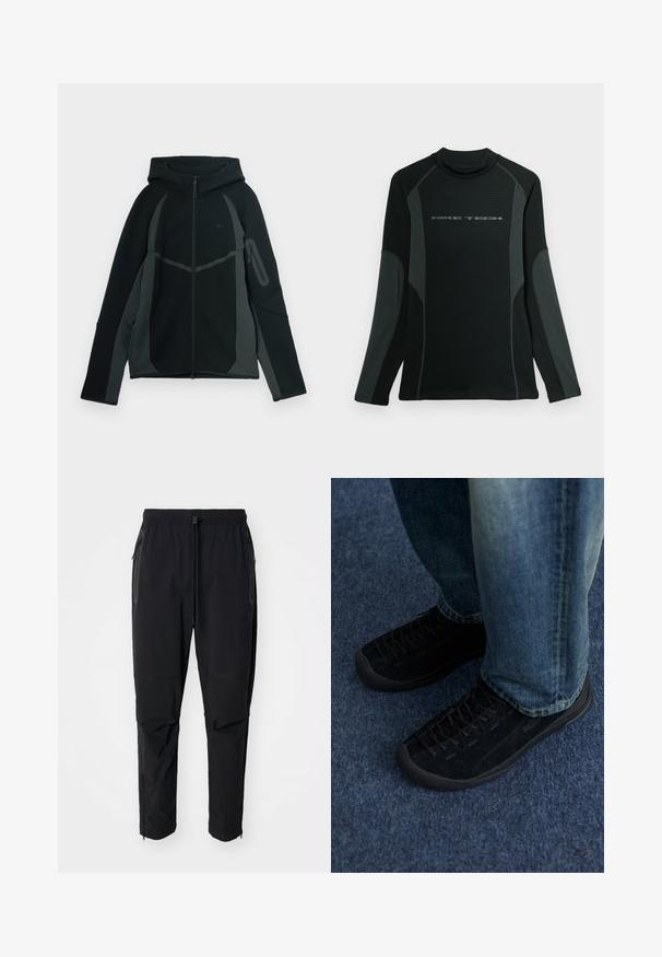 Sort og mørkegrå hættetrøje med lynlås foran, stor hætte og sidelomme med lynlås. Har et struktureret design og kontrasterende paneler.; Sort langærmet skjorte med høj krave, lavet af tekstureret stof. Har grå sidepaneler og "NIKE TECH" logo over brystet.; Sort, lette udendørsbukser med elastisk talje og justerbar snoretræk. Har lynlåslommer og tapered manchetter.; Sorte ruskindssneakers med tekstureret overflade, diskret snøring og holdbare gummisåler, parret med blå denim jeans.