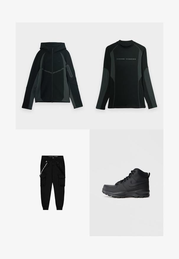Sudadera negra y gris oscuro con cremallera frontal, gran capucha y bolsillo lateral con cremallera. Presenta un diseño estructurado y paneles en contraste.; Camisa negra de manga larga con cuello alto, hecha de una tela texturizada. Presenta paneles laterales grises y el logo "NIKE TECH" en el pecho.; Pantalones cargo negros de tela ligera, con dos bolsillos laterales, una cinturilla elástica y puños ajustables en los tobillos.; Zapatilla alta negra con un upper sintético suave, puntera redonda, cuello acolchado y suela de goma texturizada. Presenta un diseño de cordones y acento de logo.