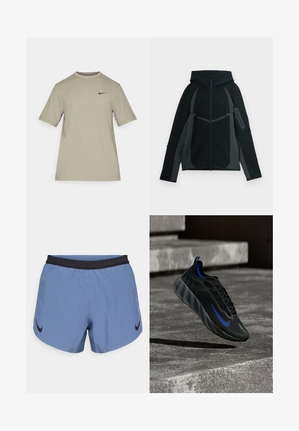 Sort og mørkegrå hættetrøje med lynlås foran, stor hætte og sidelomme med lynlås. Har et struktureret design og kontrasterende paneler.; Lysegrå Nike T-shirt med korte ærmer, rund hals og lille sort Nike-swoosh-logo på venstre bryst.; Lyseblå sportshorts med elastisk sort talje, som har et sort Nike-logo på venstre side og et glat, let materiale.; Sort atletiksko med blå Nike-swoosh svæver i luften over betontrapper i et svagt oplyst udendørs miljø.
