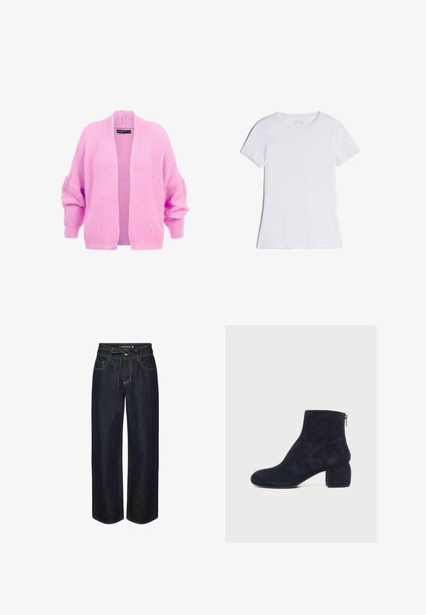 Lyserød chunky strikket cardigan med lange ærmer, ribbede manchetter og kant, åben front og en label inde i kraven.; Klassisk hvid T-shirt med korte ærmer og rund hals, lagt fladt uden synlige mønstre eller logoer.; Mørk denim brede bukser med snor i taljen, der har kontrastsyning, frontlommer og en let løs pasform.; Sort ruskind ankelstøvle med rundet tå, blokhæl og lynlås bagpå vist i sideprofil på hvid baggrund.