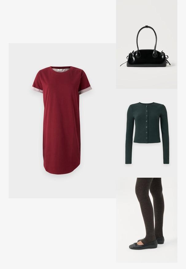 Cardigan côtelé vert foncé à manches longues, col rond et fermeture par bouton sur le devant avec six boutons métalliques.; Robe t-shirt bordeaux en coton avec des manches courtes et des accents gris à motifs sur les poignets. Dotée d'une encolure ronde et d'une coupe droite.; Jambes portant des leggings côtelés foncés associés à des ballerines noires avec de petits détails en nœud sur fond blanc.; Petit sac à main noir brillant avec deux longues anses et des détails à cordon sur les côtés sur un fond clair uni.