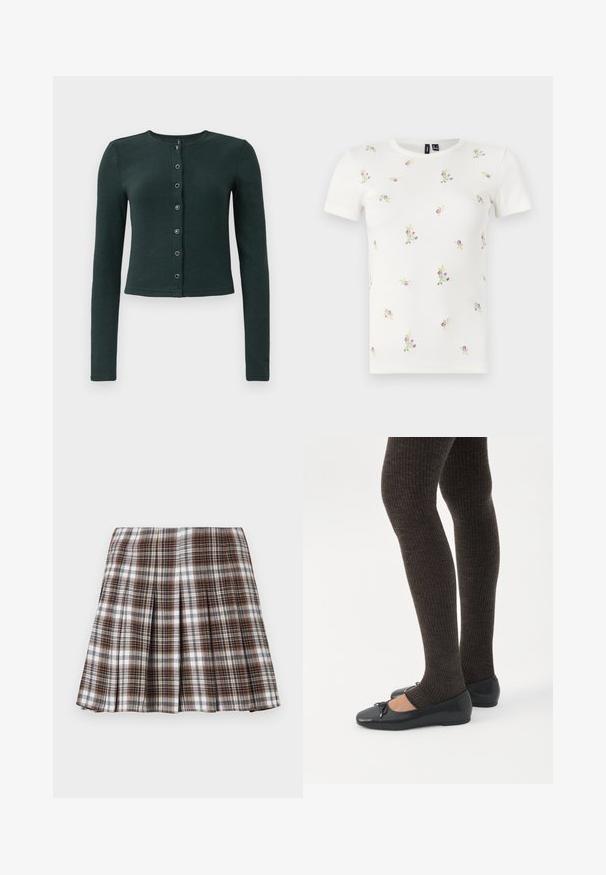 Donkergroene geribde cardigan met lange mouwen, ronde halslijn en een knoopsluiting aan de voorkant met zes metalen knopen.; Witte katoenen T-shirt met korte mouwen, voorzien van een geribbelde textuur en verspreide bloemrijke borduursels in roze en groen.; Bruine en witte geplooide rok met een gestructureerd ontwerp en een frisse textuur, met een hoge taille en meerdere verticale plooien.; Benen met donkere geribbelde leggings gecombineerd met zwarte ballerina's met kleine strikdetails op een witte achtergrond.