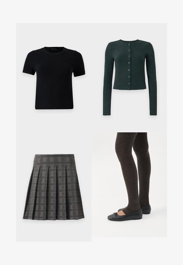 Cardigan de canalé verde oscuro con mangas largas, cuello redondo y cierre frontal de botones que presenta seis botones metálicos.; Camiseta negra de manga corta con cuello redondo, hecha de tela suave. Presenta un corte clásico y un diseño limpio y sencillo.; Falda plisada en un patrón de cuadros grises, hecha de una tela texturizada. Presenta pliegues verticales y un dobladillo recto.; Piernas con leggings oscuros acanalados combinados con bailarinas negras que presentan pequeños detalles de lazo sobre un fondo blanco.