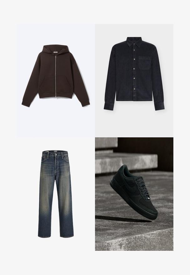 Zwarte zip-up hoodie met voorkantzakken en een capuchon, plat liggend tegen een witte achtergrond.; Corduroy overhemd in donker marineblauw met een kraag, knoopsluiting aan de voorkant en een enkele borstzak. Voorzien van lange mouwen en een gestructureerde stof.; Wijde jeans in donkerblauwe denim met een gradientafwerking, voorzien van een knoopsluiting, vijf zakken en gestructureerde stikdetails.; Zwarte Nike Air Force 1 sneaker met mesh- en lederen details, die boven getextureerde betonnen treden zweeft bij weinig licht.