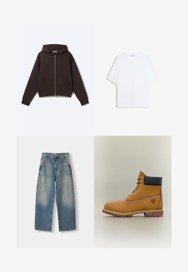Schwarzer Zip-Hoodie mit Fronttaschen und Kapuze, flach auf weißem Hintergrund liegend.; Weißes, übergroßes Baumwoll-T-Shirt mit rundem Ausschnitt und kurzen Ärmeln; glatte Textur, keine sichtbaren Muster oder Akzente.; Hellblaue Denim-Jeans im weit geschnittenen Stil mit einem ausgewaschenen Finish, Fünf-Taschen-Design und rohem Saum. Mit einem Knopf- und Reißverschluss vorne.; Brauner Leder-Stiefelette mit schwarzem Kragen, gelben Schnürsenkeln und hellbrauner Sohle. Verfügt über ein Logo und weiße Ziernähe. Robuste Profilsohle.