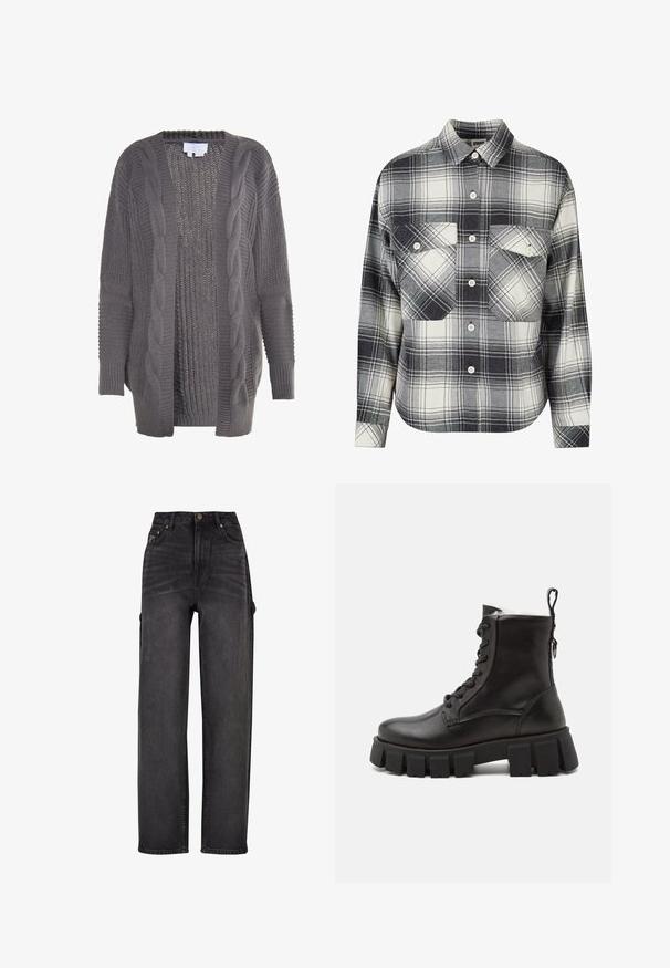 Grauer Cardigan mit offener Front aus Strickstoff. Mit Zopfmuster-Details, gerippten Bündchen und strukturierter Innenseite. Lässig und im Oversize-Design.; Karierte Flanellhemd in Schwarz, Weiß und Grau. Mit Knopfverschluss, zwei Brusttaschen und langen Ärmeln mit geknöpften Manschetten.; Hochtaillierte Cargo-Jeans aus schwarzem Denim mit weit geschnittenem Design, seitlichen Taschen und subtilen Verwaschungen. Robustes Material und kontrastierender Stepp.; Schwarze Leder-Ankle-Boots mit einer robusten Gummisohle, runder Zehenpartie, Schnürung vorne und einer Zuglasche an der Rückseite für einfaches Anziehen.