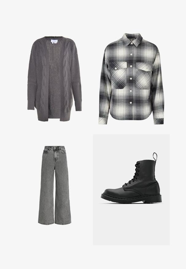 Grijze open voorkaardigan van gebreide stof. Heeft kabelbreipatronen, geribbelde manchetten en een gestructureerde binnenkant. Casual en oversized ontwerp.; Geruite flanellen overhemd in zwart, wit en grijs. Beschikt over een knoopsluiting aan de voorkant, twee borstzakken en lange mouwen met knoopmanchetten.; Grijze denim jeans met hoge taille, wijde pijpen, voorste knoopsluiting, ritssluiting en ontwerp met vijf zakken.; Zwarte leren gevechtslaars met een ronde neus, vetersluiting aan de voorkant en een lusje bij de enkel. Kenmerkt zich door een dikke rubberen zool voor duurzaamheid.