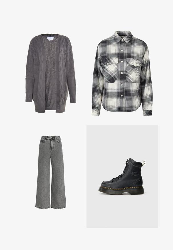 Grijze open voorkaardigan van gebreide stof. Heeft kabelbreipatronen, geribbelde manchetten en een gestructureerde binnenkant. Casual en oversized ontwerp.; Geruite flanellen overhemd in zwart, wit en grijs. Beschikt over een knoopsluiting aan de voorkant, twee borstzakken en lange mouwen met knoopmanchetten.; Grijze denim jeans met hoge taille, wijde pijpen, voorste knoopsluiting, ritssluiting en ontwerp met vijf zakken.; Zwarte leren veterschoenen met een gestructureerde afwerking, gevoerde enkel, gele stiksels en een stevige zool, met een trekhaak aan de achterkant.