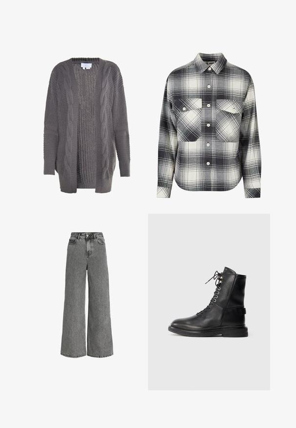 Grå åben cardigan lavet af strikket stof. Har kabelstrik detaljer, ribbede manchetter og et tekstureret interiør. Casual og oversized design.; Rutet flannel skjorte i sort, hvid og grå. Har knaplukning foran, to brystlommer og lange ærmer med knapmansjetter.; Grå jeans i denimbred ben, høj talje med knapper foran, lynlås og fem-lomme-design.; Sort læder ankelstøvle med snørre i front, sølv øjer, tekstureret sort gummisål og polstret krave for komfort.