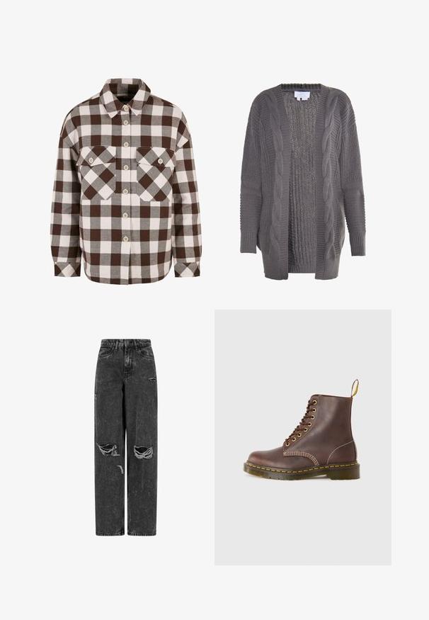 Grå åben cardigan lavet af strikket stof. Har kabelstrik detaljer, ribbede manchetter og et tekstureret interiør. Casual og oversized design.; Brun og hvid plaid knap-op skjorte med to brystlommer, der har en klassisk krave og knap-ned foran. Blød stofstruktur.; Sorte højtaljede brede bukser af jeans med rifter på knæene og slidte detaljer på en hvid baggrund.; Brune lædersnøreboots med gule syninger, rund tå og en robust gummisål. Har en trækflap ved hælen for nem påføring.
