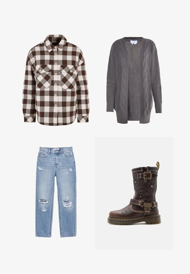Grå åben cardigan lavet af strikket stof. Har kabelstrik detaljer, ribbede manchetter og et tekstureret interiør. Casual og oversized design.; Brun og hvid plaid knap-op skjorte med to brystlommer, der har en klassisk krave og knap-ned foran. Blød stofstruktur.; Lyseblå jeans med lige ben, slidte huller på begge ben, fem-lommer-stil og knaplukning i taljen.; Brun læderstøvle til midt på læggen med præget blomstermønster, to justerbare messing spænder, gul syning og robust sål.