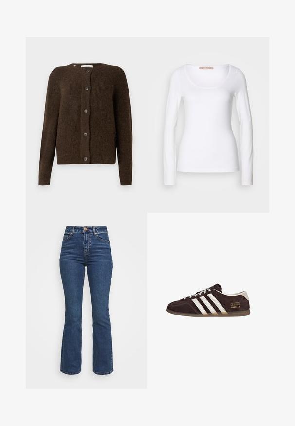 Brun strikket cardigan lavet af blødt materiale, med rund halsudskæring, forreste knapper og lange ærmer. Struktureret finish hele vejen igennem.; Langærmet hvid bomulds T-shirt med rund halsudskæring og tætsiddende design, med glat tekstur og uden udsmykninger.; Højtaljede blå jeans lavet af denim. Flared ben-design med knaplukning og lommer. Har en klassisk vask og syning detaljer.; Brune ruskindssneakers med tre hvide striber, gummisål og tekstlabel med ordene "Gazelle" i guld. Snørebåndsdesign med grå snørebånd.