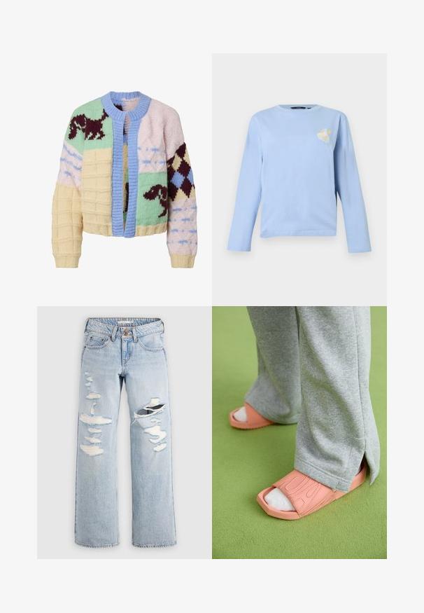 Cardigan en maille épaisse avec un design patchwork en jaune pastel, vert, rose et bleu, présentant des motifs abstraits marron foncé et une bordure bleue.; T-shirt à manches longues bleu clair en coton doux, avec un petit motif brodé d'un panier de fruits sur le côté gauche de la poitrine.; Jean en denim bleu clair avec une coupe décontractée, des détails usés avec des déchirures, et des bords effilochés. Design classique à cinq poches.; Des tongs en caoutchouc rose avec des larges sangles, des détails texturés, portées avec un pantalon de survêtement gris et des chaussettes blanches sur une surface verte.
