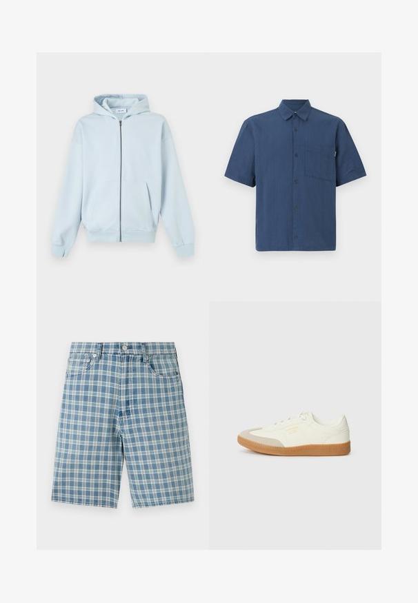 Hellblauer Kapuzenpullover mit Reißverschluss, Fronttaschen und gerippten Bündchen, auf weißem Hintergrund dargestellt.; Kurzärmeliges marineblaues Hemd zum Knöpfen mit Brusttasche und klassischem Kragen auf schlichtem Hintergrund.; Hellblaue Karobluse-Shorts aus einem Baumwollmix, mit fünf Taschen, Knopfverschluss und lockerer Passform. Die Textur ist glatt und weich.; Sneaker aus weißem Leder mit einer beigen Zehenkappe und leichter brauner Gummisohle. Verfügt über flache weiße Schnürsenkel und geprägtes Branding an der Seite.