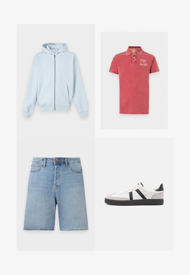 Sweat à capuche zippé bleu clair avec poches avant et poignets côtelés, présenté sur fond blanc.; Polo rouge délavé à manches courtes avec deux boutons beige et texte brodé blanc "Hollister Malibu" ainsi que logo vague sur la poitrine.; Shorts en denim bleu clair avec bouton sur le devant, passants de ceinture, poches avant et coupe droite au-dessus du genou sur un fond neutre.; Baskets blanches avec des accents noirs et gris, présentant un embout texturé gris, une semelle en caoutchouc noir et des lacets plats blancs. Design épuré, style minimaliste.