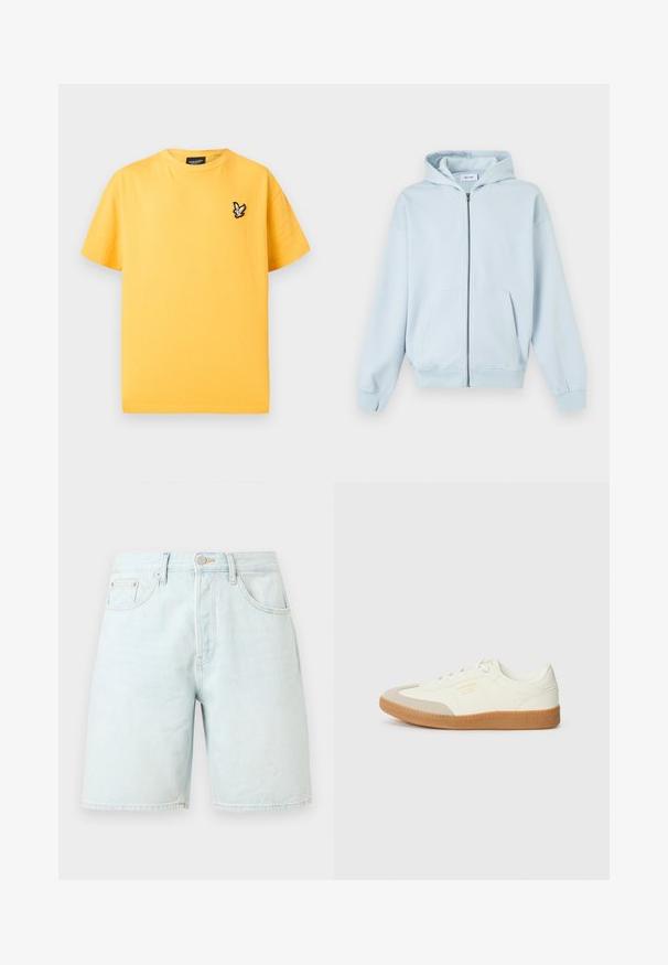 Sweat à capuche zippé bleu clair avec poches avant et poignets côtelés, présenté sur fond blanc.; T-shirt jaune à manches courtes avec col rond et petit logo d'oiseau noir et blanc sur le côté gauche de la poitrine.; Shorts en jean bleu clair avec boutons à l'avant, fermeture éclair, passants pour ceinture et deux poches, présentés sur un fond uni.; Baskets en cuir blanc avec une coque beige et une semelle en caoutchouc marron clair. Dotées de lacets blancs plats et d'un logo embossé sur le côté.