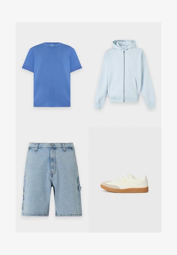 Sweat à capuche zippé bleu clair avec poches avant et poignets côtelés, présenté sur fond blanc.; T-shirt bleu uni à manches courtes et col rond, coupe régulière, présenté sur fond blanc.; Shorts en denim bleu clair avec bouton frontal, passants de ceinture, poches latérales et un petit détail en boucle sur la jambe droite.; Baskets en cuir blanc avec une coque beige et une semelle en caoutchouc marron clair. Dotées de lacets blancs plats et d'un logo embossé sur le côté.