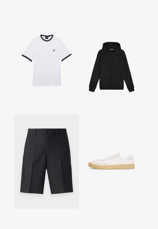 Sort zip-up hoodie lavet af blødt stof, med en hætte med snoretræk, ribbede manchetter og lys grå accentstriber langs siderne.; Hvid bomulds t-shirt med marineblå ribstrikket krave og ærmekanter. Har en lille gul broderet logo på brystet.; Sorte skræddersyede shorts lavet af letvægtsstof, med lige snit, enkelt plisseringer og lukning med en frontknap.; Hvide sneakers lavet af læder og ruskind, med snørestropper, en tan gummisål og et lille logo på siden.