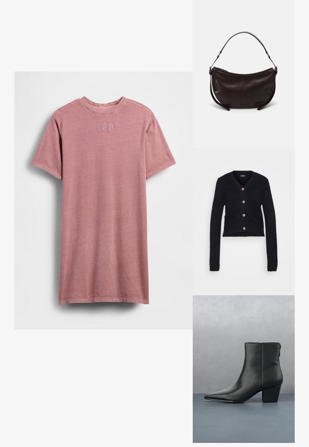 Zwarte cropped cardigan van gestructureerde gebreide stof. Heeft een V-hals, lange mouwen en gouden knopen met twee voorzakken.; Roze katoenen T-shirt met korte mouwen, ronde hals en een subtiel "GAP"-logo op de borst. Zachte textuur en een comfortabele pasvorm.; Zwarte lederen enkellaars met een spitse neus en een gematigde hak, met een gladde textuur en minimale details, geplaatst tegen een gewaxt achtergrond.; Donkerbruine leren schoudertas met een gebogen vorm, gladde textuur en een enkele verstelbare strap. Voorzien van een ritsluiting.