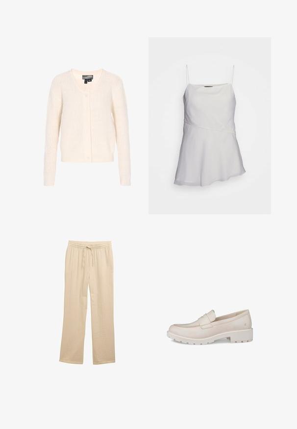 Off-white strik cardigan med V-hals, lange ærmer, fem knapper foran og ribbet tekstur ved manchetterne og kanten.; Hvid, ærmeløs top med tynde stropper, en afslappet pasform og et asymmetrisk design. Fremstillet af et glat, let stof.; Beige vide benbukser lavet af struktureret stof med en elastisk talje og snoretræk for justerbar pasform.; Flødefarvet læderloafer med rundet tå, blød syningsdetalje, en lille frontrem og en tyk hvid gummisål med greb.