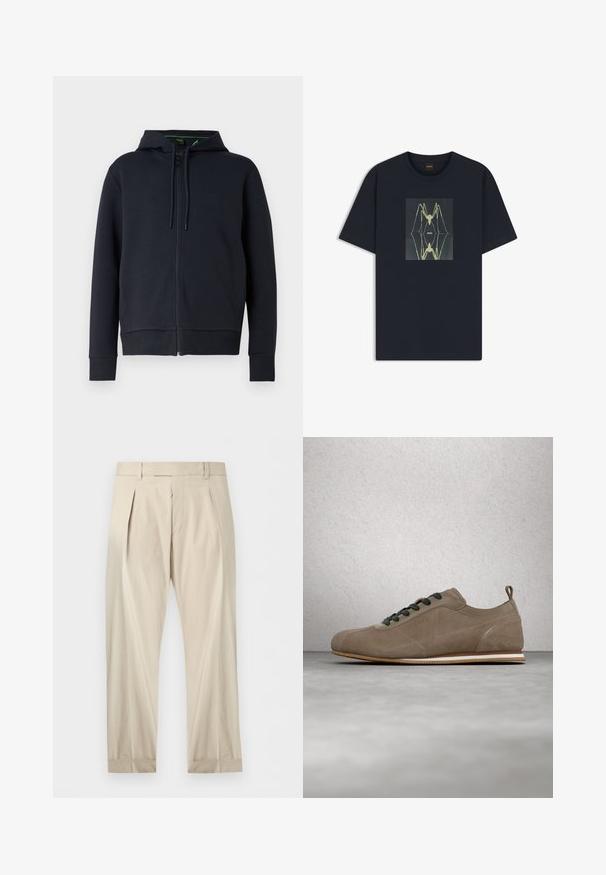 Sweat à capuche zippé bleu marine en tissu doux, avec une capuche à cordon de serrage, des poignets côtelés et un logo discret sur la poitrine.; T-shirt noir à manches courtes avec un graphisme abstrait d'araignée en blanc cassé centré et le mot "BOSS" sur la poitrine.; Pantalon beige plissé avec passants de ceinture, poches avant et ourlets retroussés, présenté à plat sur fond blanc.; Baskets en daim marron clair avec lacets noirs, bout arrondi, languette à l'arrière et semelle en caoutchouc plate ornée de rayures blanches et marron.