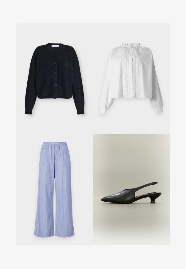Sort luftig cardigan med lange ærmer, V-udskæring og fire sorte knapper foran, vist på en ensartet lys baggrund.; Hvid cropped bluse med lange puffede ærmer, flæset krave, knapper foran og lodret blondepanel.; Lysblå og hvide stribede vide bukser med elastisk talje, der har to knapdetaljer foran og en blød tekstilstruktur.; Sort læder slingback-sko med spids tå og lav kittenhæl på neutral baggrund.
