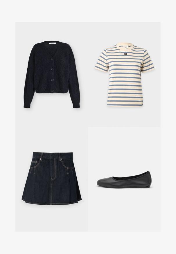 Sort luftig cardigan med lange ærmer, V-udskæring og fire sorte knapper foran, vist på en ensartet lys baggrund.; Kortærmet creme T-shirt med vandrette blå striber og et lille sort-hvidt firkantet logo midt på brystet.; Denimnederdel i mørkeblå, med en flagrende design, bæltestropper, forvægspockets og kontraststing langs sømmene.; Sort læderballetsko med rund tå, glat tekstur, minimal syning og et fleksibelt såldesign.