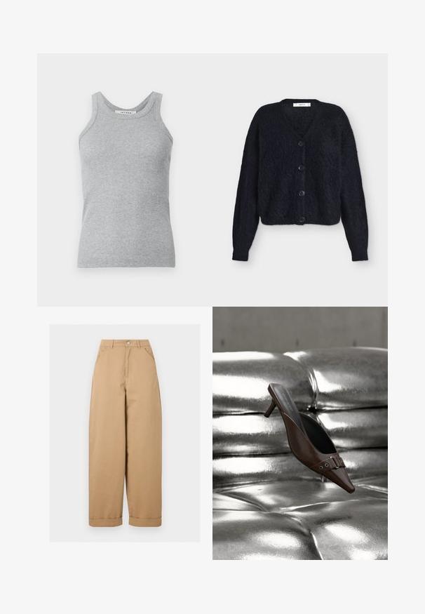 Schwarzer flauschiger Cardigan mit langen Ärmeln, V-Ausschnitt und vier schwarzen Knöpfen vorne, dargestellt auf schlichtem hellem Hintergrund.; Graues, geripptes Tanktop mit Rundhalsausschnitt und breiten Schulterträgern. Der Stoff hat eine weiche Textur und eine figurbetonte Silhouette.; Beige, hoch taillierte, weit geschnittene Hose mit vorderen Taschen, Gürtelschlaufen, Knopfverschluss und umgeschlagenen Säumen.; Brauner spitzer Mule mit Absatz und Schnallendetail, der über einer glänzenden silbernen, gesteppte Lederoberfläche schwebt.