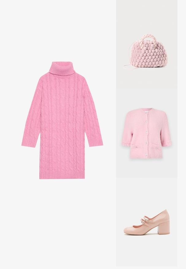 Cardigan rose flou à manches courtes avec un col rond, des boutons argentés et deux poches avant avec quincaillerie assortie. Fini texturé.; Robe en tricot torsadé rose avec col roulé haut, manches longues et poignets côtelés, affichant un motif texturé sur l'ensemble.; Chaussures à talons hauts en cuir verni rose avec un bout arrondi, deux sangles à boucle réglables et un talon block transparent et épais.; Sac à main en pompon rose texturé avec une poignée tressée et une fine sangle. Forme ronde, surface douce, design compact.