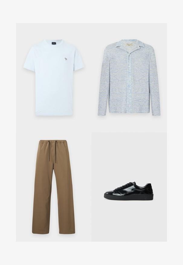 Chemise légère à boutons avec des rayures horizontales bleues et blanches, un col ouvert et des manches longues, avec une coupe régulière.; T-shirt blanc à manches courtes avec col rond, petit logo zèbre multicolore brodé sur le côté gauche de la poitrine.; Pantalon marron à coupe droite avec taille élastique et cordons noirs, présenté sur un fond clair uni.; Baskets en cuir verni noir avec un bout arrondi, un laçage, une semelle en caoutchouc texturé et une finition lisse.