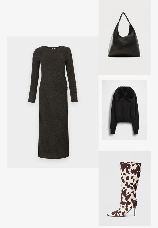 Cardigan court noir à texture côtelée, avec un col en fausse fourrure et une fermeture éclair à l'avant. Manches longues avec poignets ajustés.; Robe à manches longues, gris foncé, en côtes avec une silhouette ajustée et des fronces sur les côtés. Présente des accents de boutons sur les poignets et une texture douce.; Bottes jusqu'aux genoux à bout pointu en tissu imprimé vache crème et marron, avec un talon aiguille fin et une texture lisse.; Sac bandoulière en cuir noir lisse avec une large sangle unique et un design décontracté et minimaliste sur un fond uni.