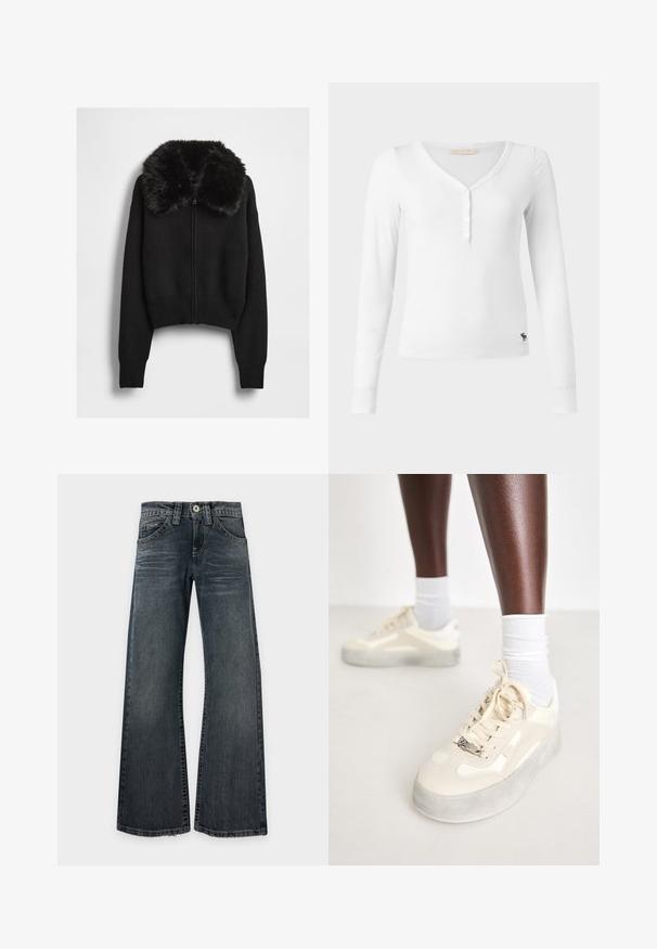 Cárdigan corto negro con textura acanalada, con cuello de piel sintética y cremallera frontal. Mangas largas con puños ajustados.; Camiseta blanca henley de manga larga y cuello en V, con cuatro botones frontales y un pequeño logotipo de alce negro cerca del dobladillo inferior, mostrada sobre fondo liso.; Vaqueros de pierna ancha y lavado oscuro con ligero desgaste en los muslos, diseño clásico de cinco bolsillos y costuras visibles, colocados extendidos sobre un fondo blanco.; Zapatillas beige con detalles de cuero suave y ante, suela de goma gris, patrones texturizados y un logo metálico de la marca en el lateral.